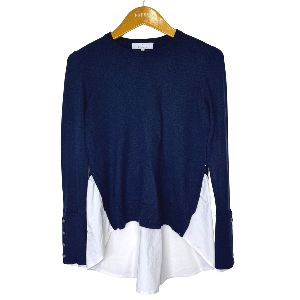 Pearl by Lela Rose Wool Sweater Shirttail Hem Blue/White‎ Small